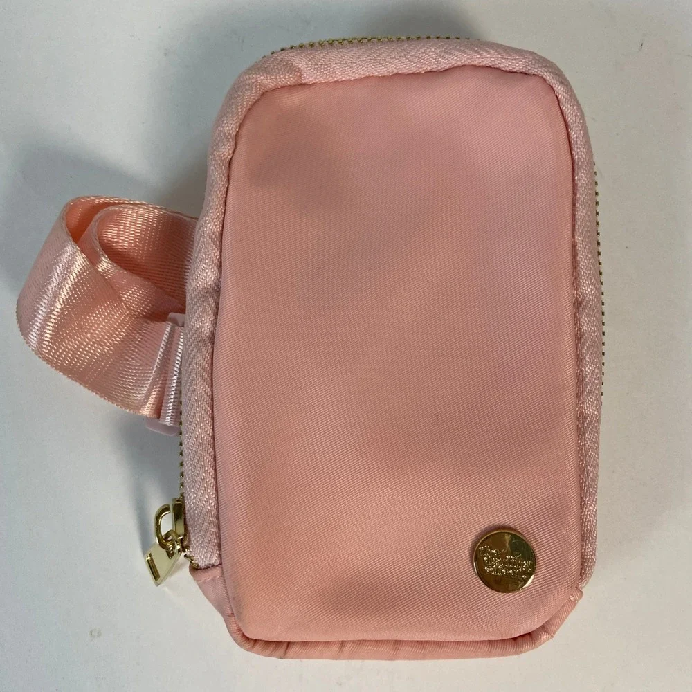 The Darling Effect Pink Nylon Small Zip Pouch w/Arm Strap Gold Hardware Mini Bag